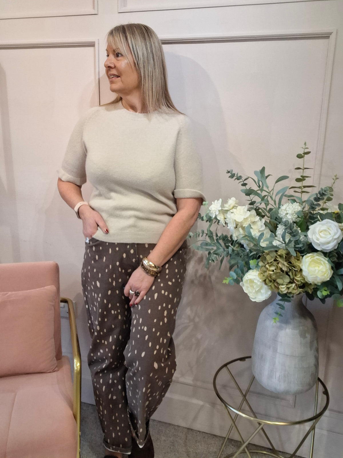 Fluted Edge Short Sleeve Jumper - Latte - Wardrobe By Simone