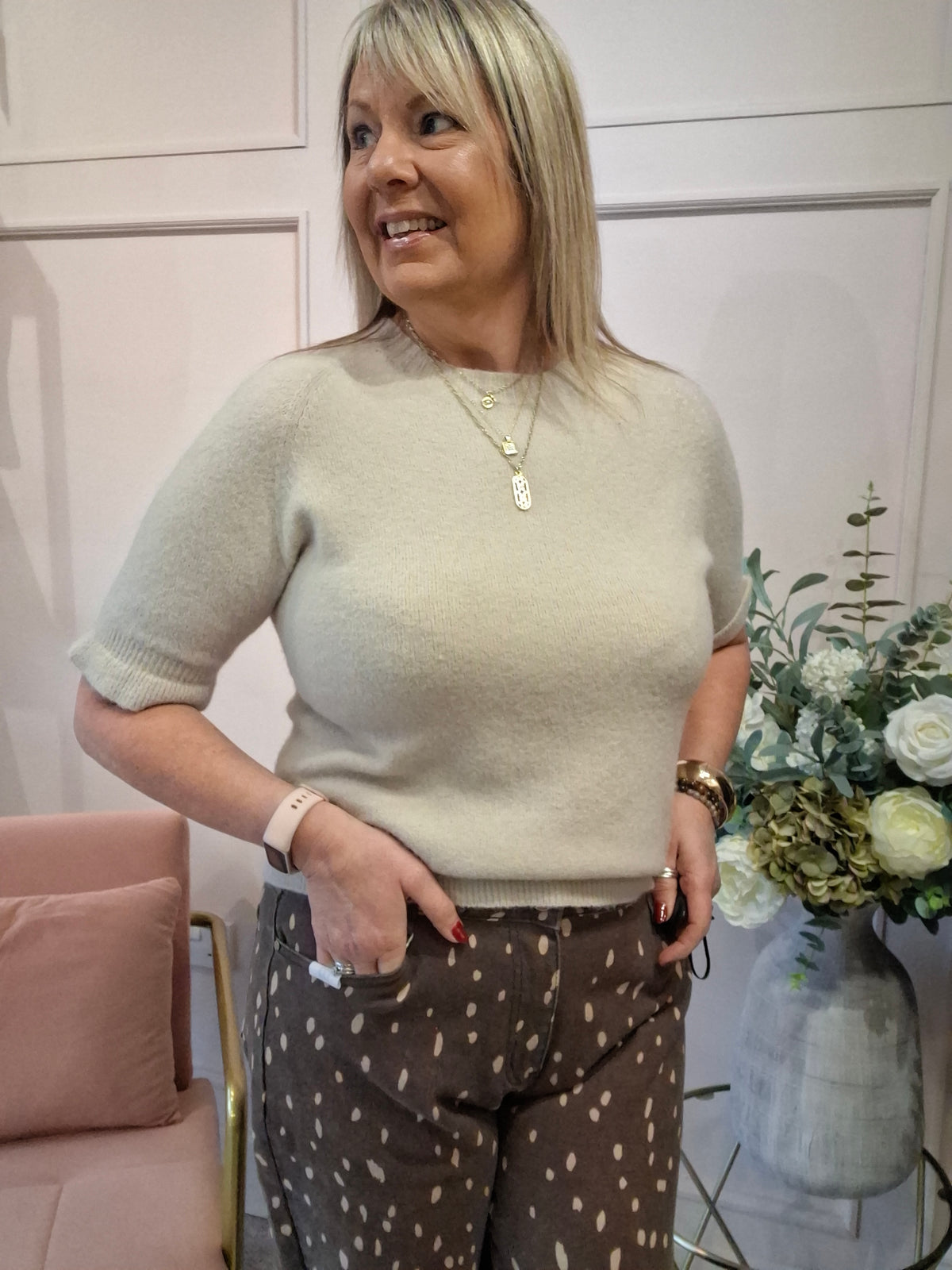 Fluted Edge Short Sleeve Jumper - Latte - Wardrobe By Simone