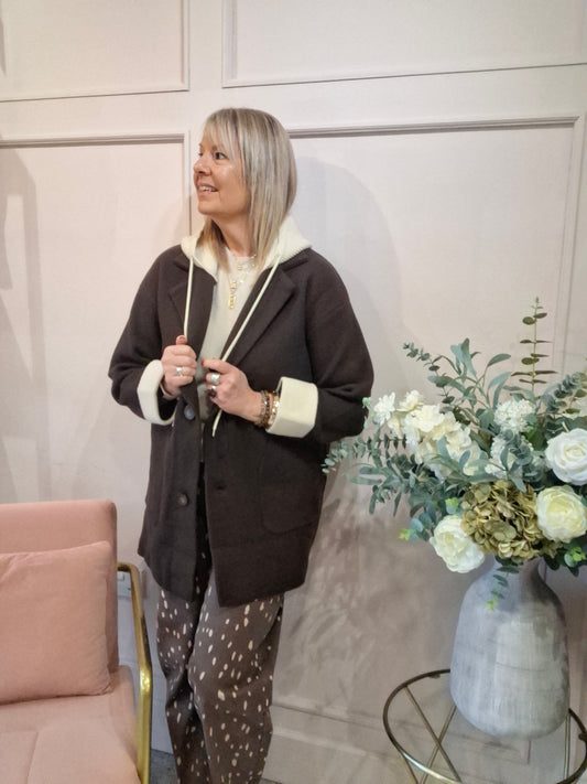 Hoody Smart Jacket  - Brown/Cream - Wardrobe By Simone