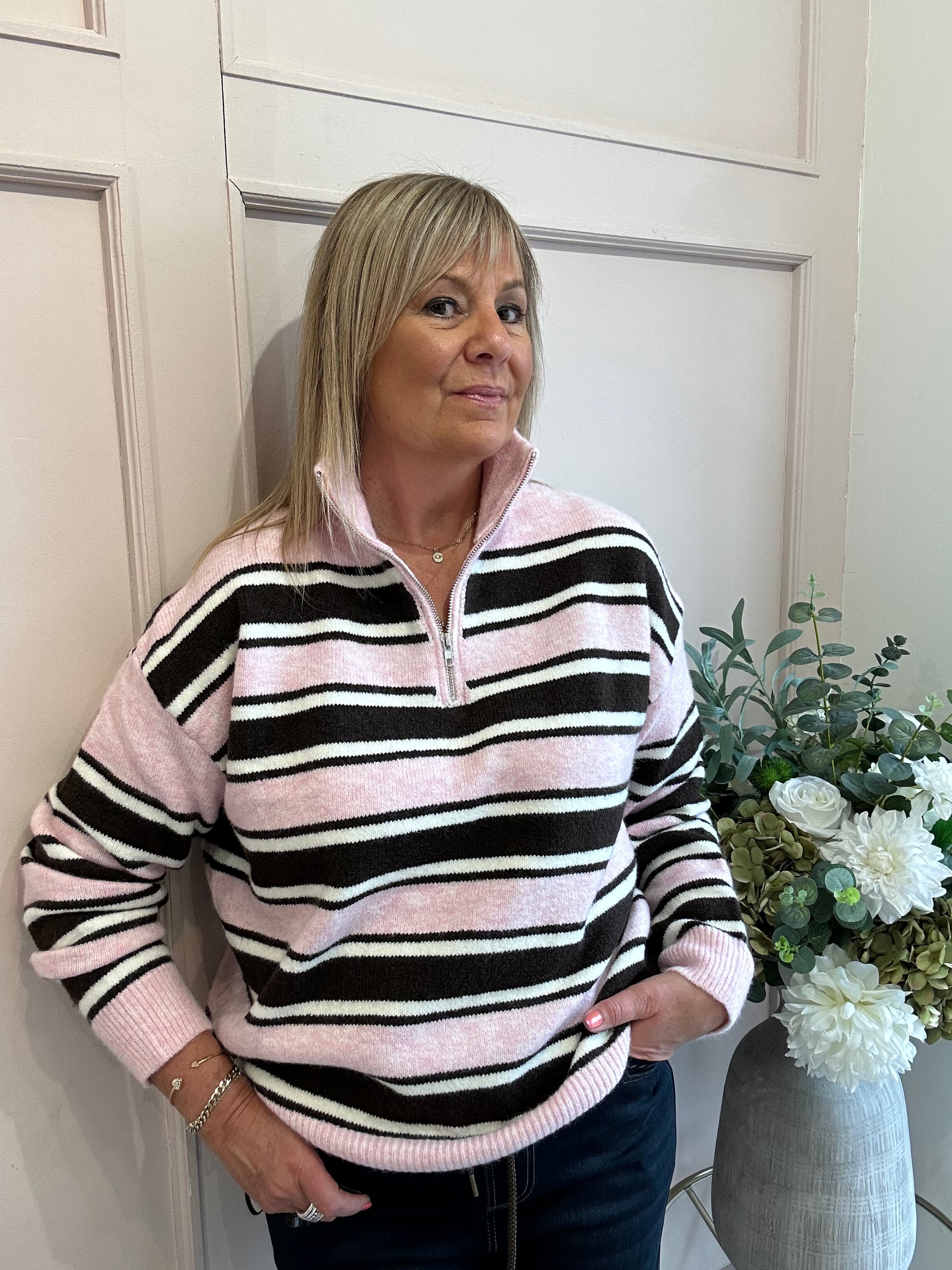 Striped Zip Jumper - Pink/Cream/Brown