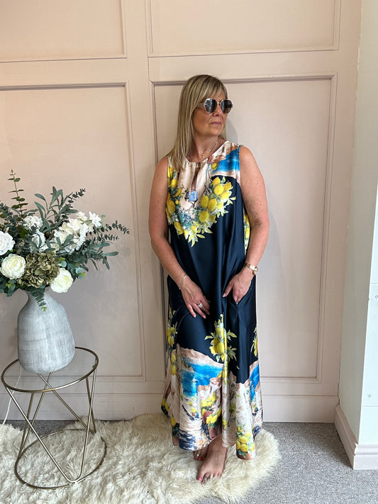 Santorini & Lemons Maxi Dress- Navy