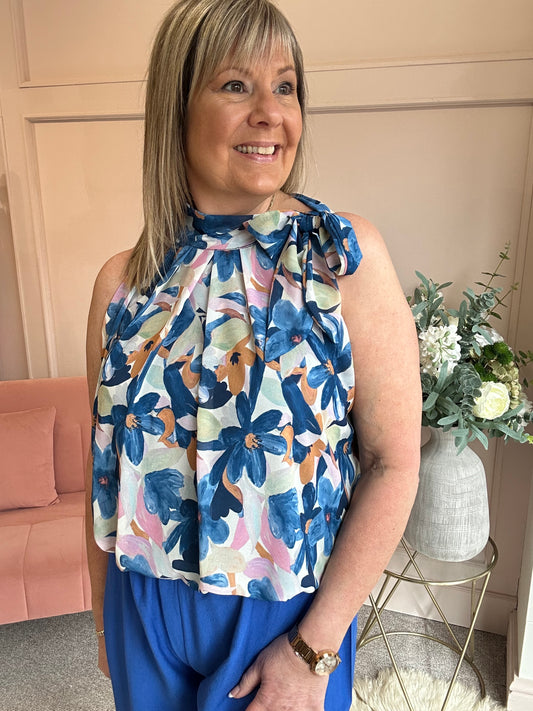 Floral Bow Tie Sleeveless Top - Blue/Pink - Wardrobe By Simone