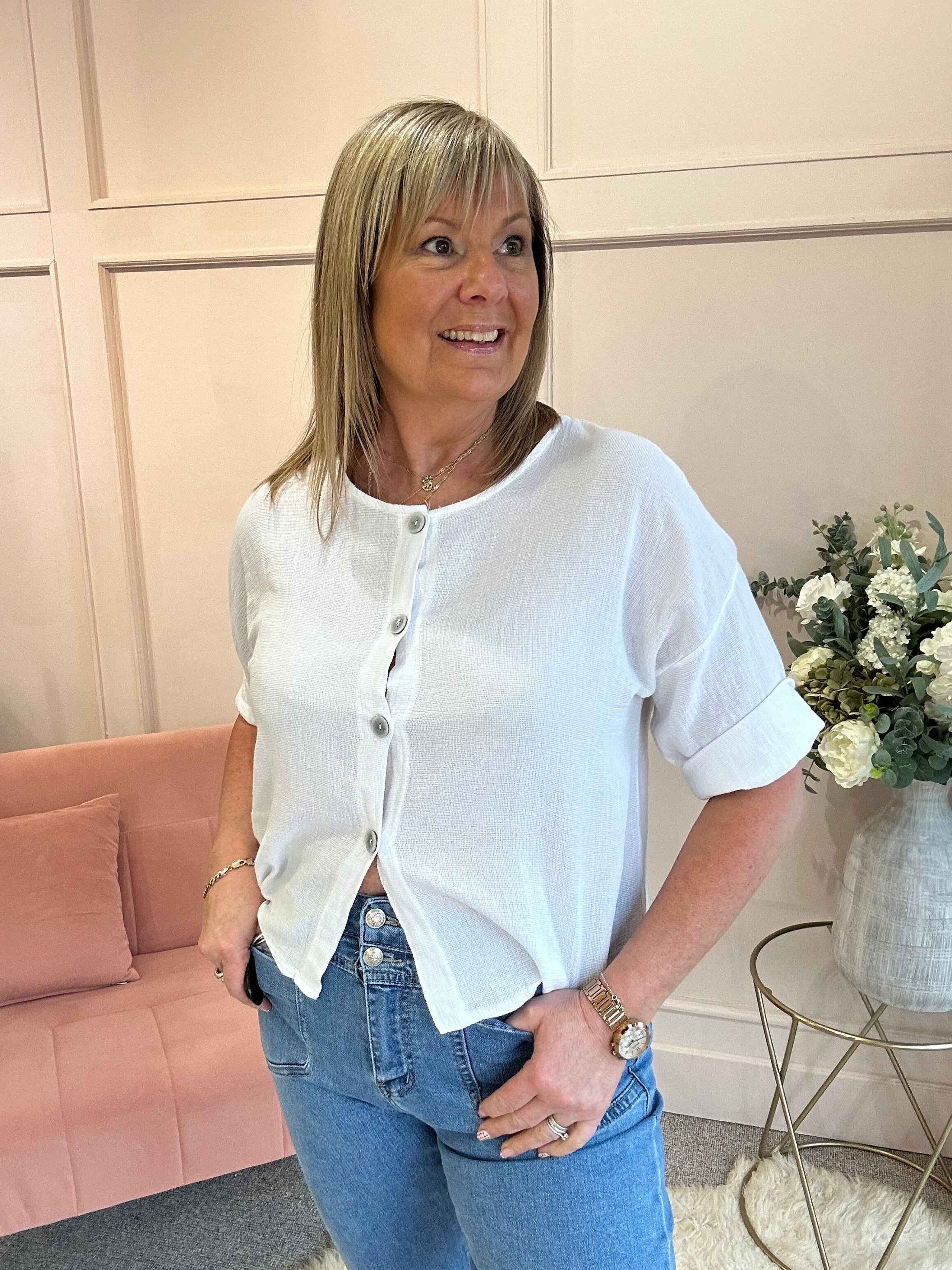 Cotton Buttoned Top  - White - Wardrobe By Simone