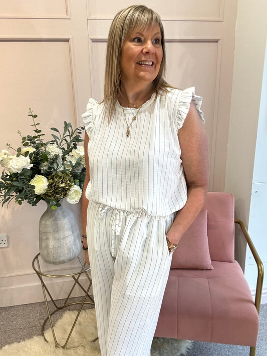 Pinstriped Frill Cap Top & Pant Set - White/Black - Wardrobe By Simone