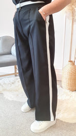 White Stripe On Side Wide Pant - Black