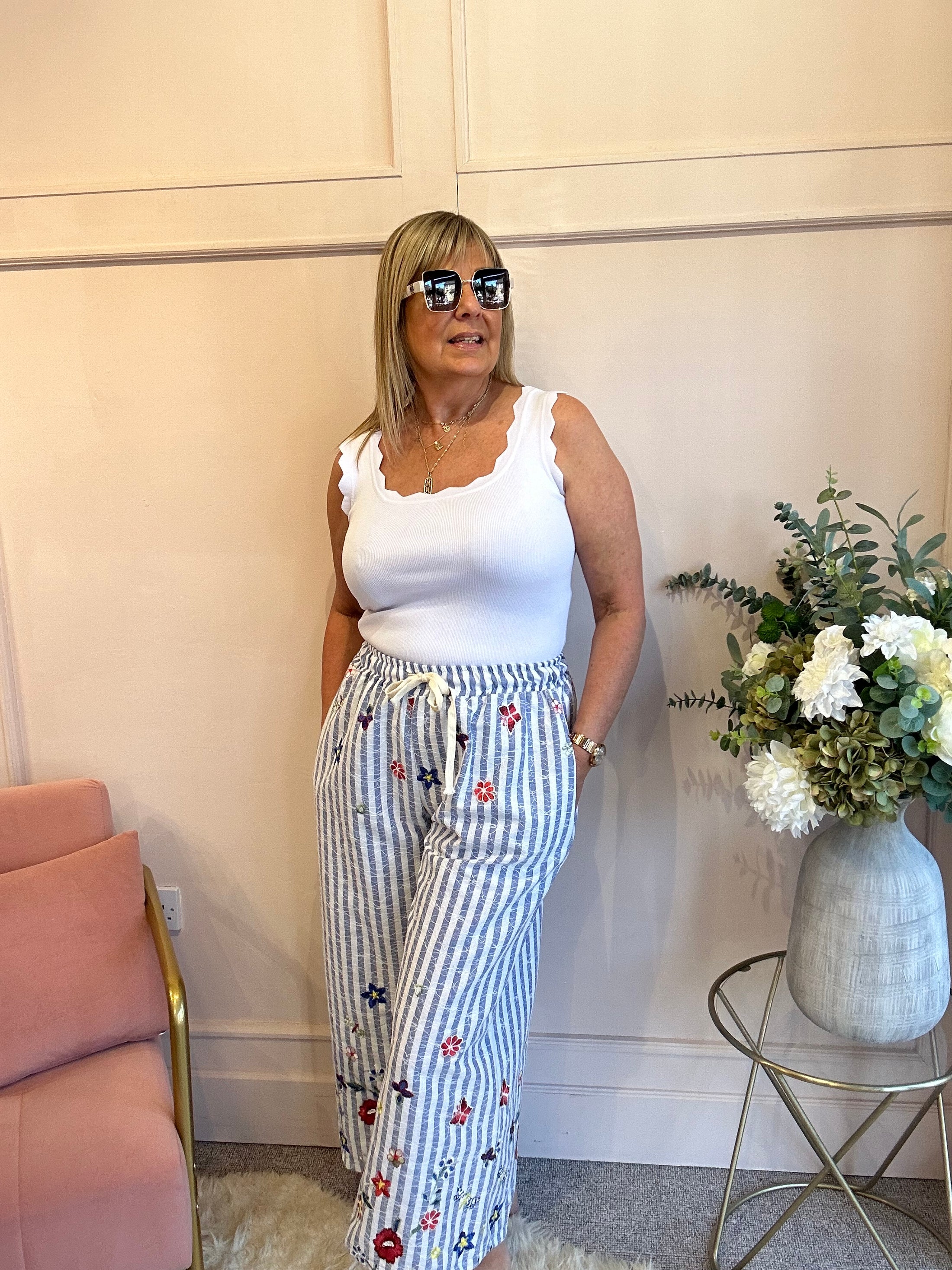 Flowers In The Pocket Striped Pant - Blue/White - Wardrobe By Simone