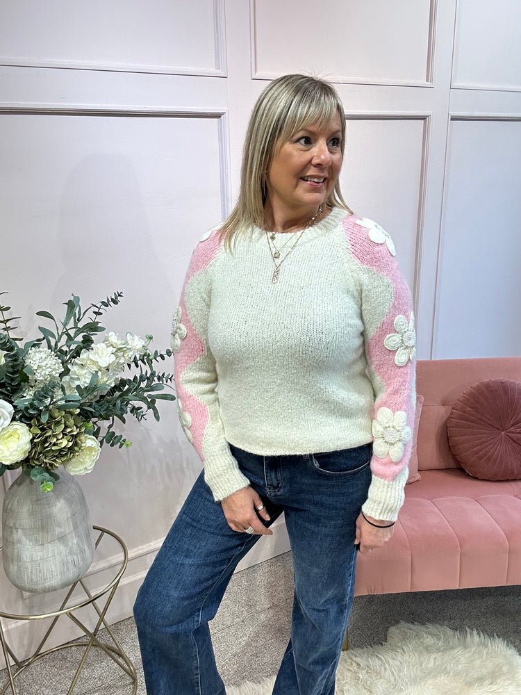 Beaded Flower Detail Jumper - Cream/Pink