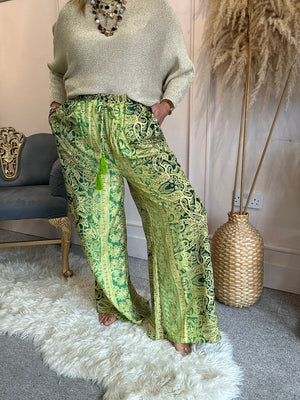Wide Leg Floaty Pant Paisley  - Lime/Green - Wardrobe By Simone