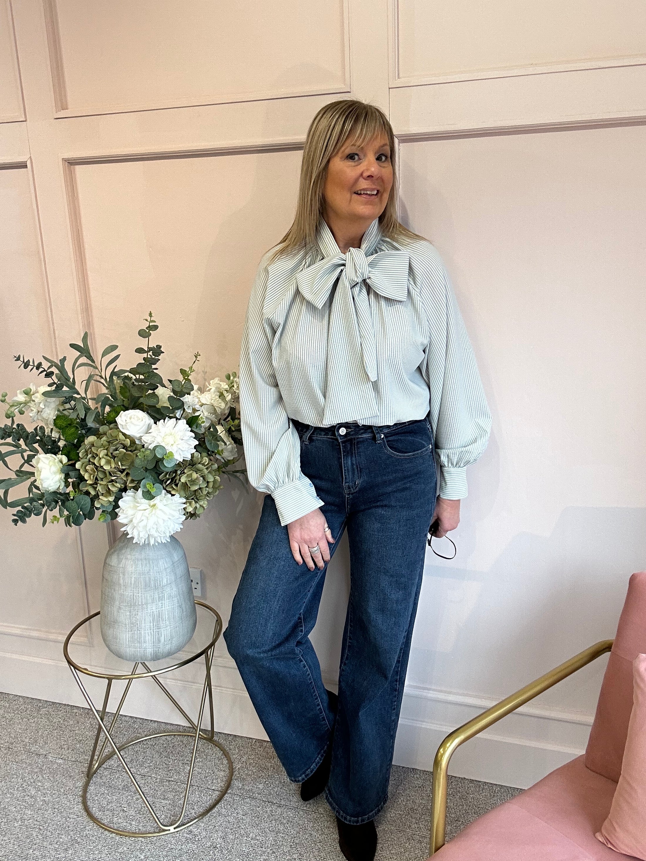 Striped Bow Blouse - Aqua Blue / Cream