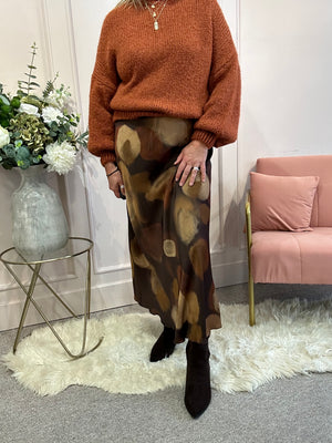 Satin Mottled Maxi Skirt - Brown/Tan