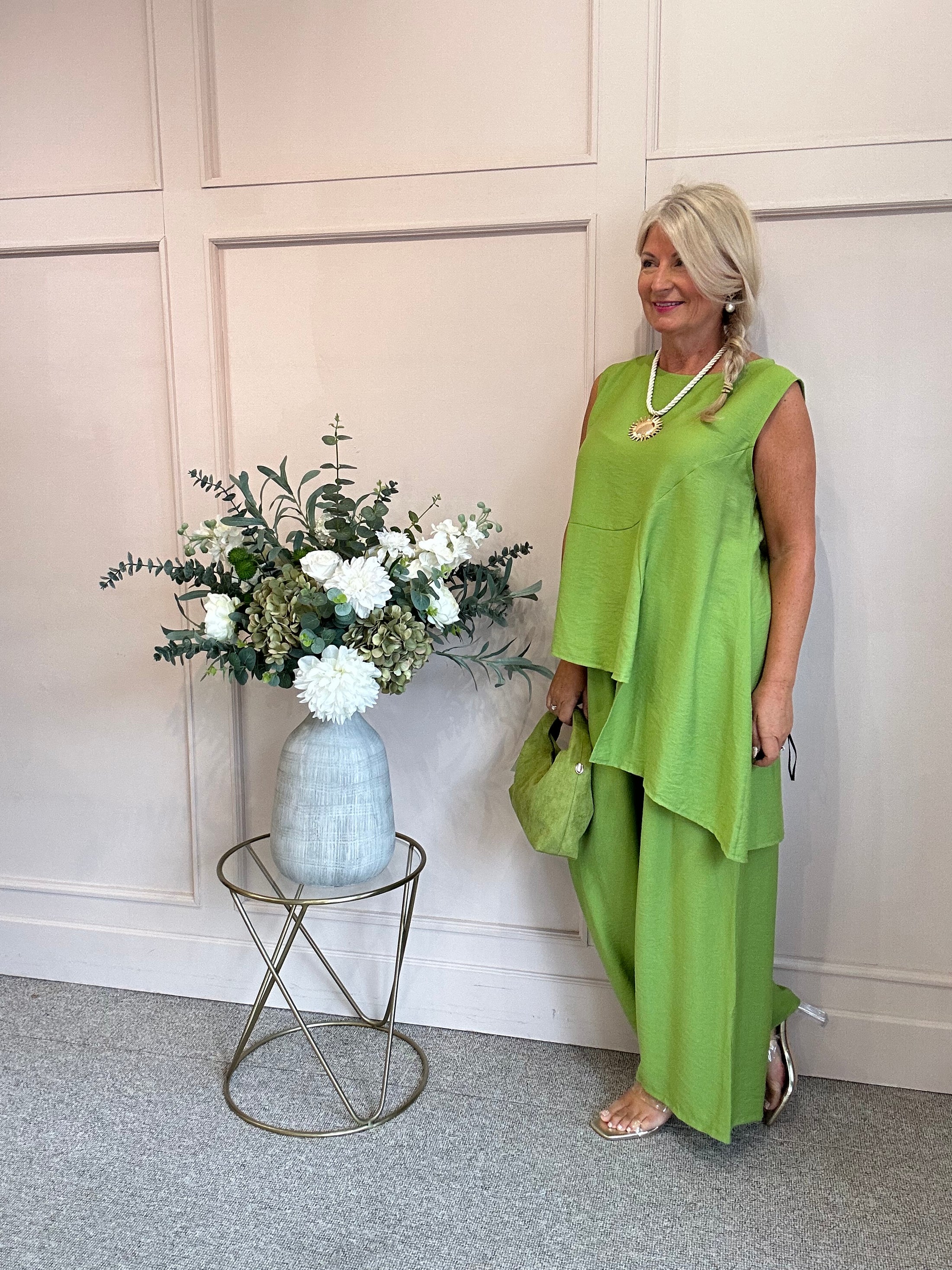 Sleeveless Asymmetrical Top & Pants Set - Green One Size