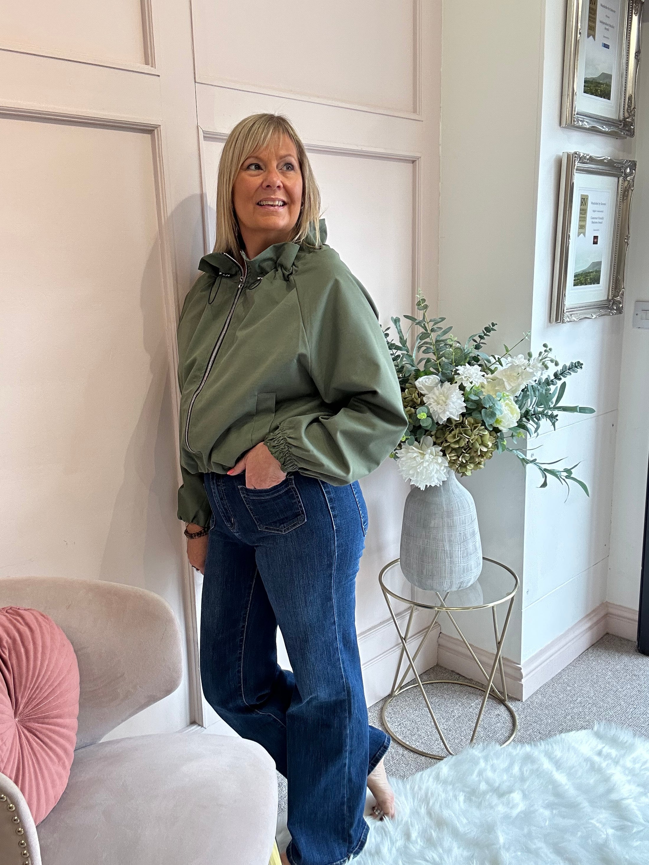 Ruffle Collar Zip Jacket - Khaki Green