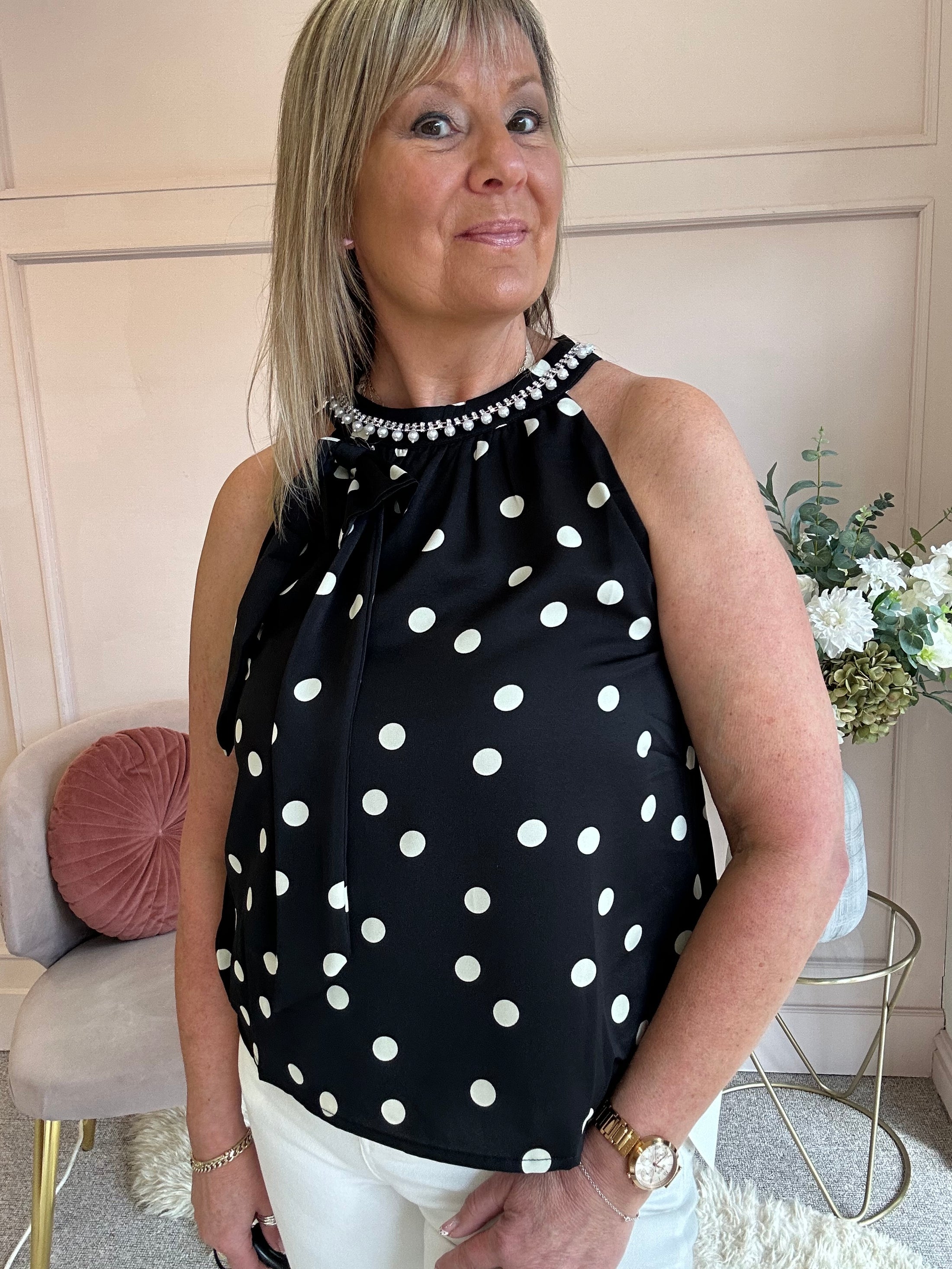 Polka Dot & Pearl Top - Black/White - Wardrobe By Simone