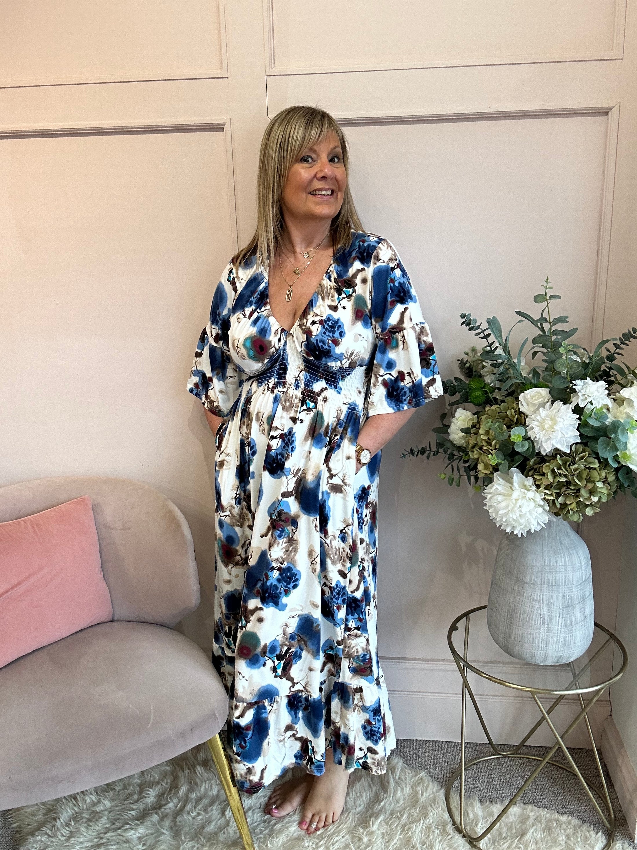 Oriental Maxi Dress - Cream/Blue - Wardrobe By Simone