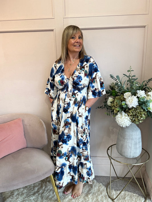 Oriental Maxi Dress - Cream/Blue - Wardrobe By Simone