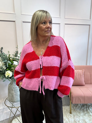 Chunky Striped Knitted Cardigan - Red/Pink