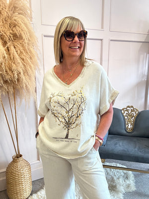 'All You Need Is love' V Neckline T-Shirt - Creamy Beige