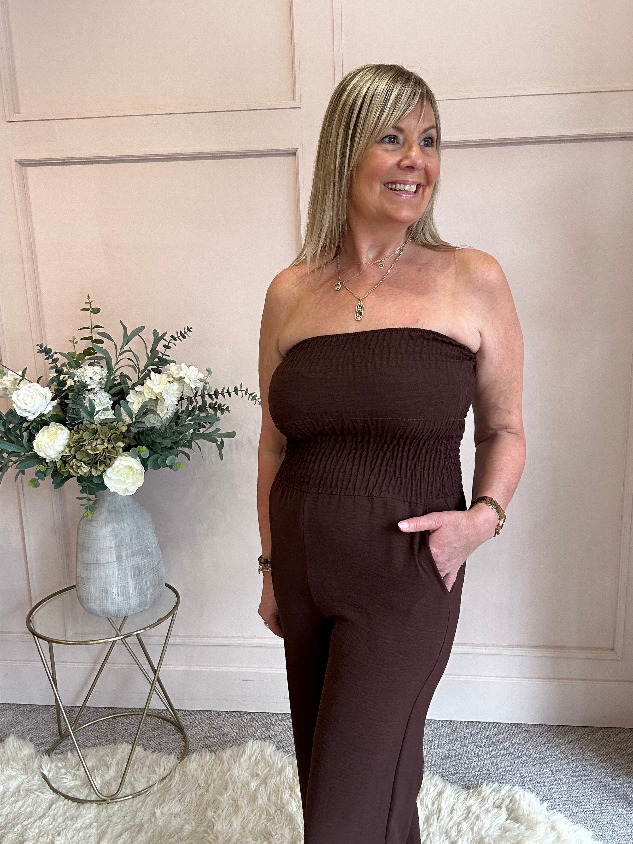 Bardot Elastic Top Wide Leg Jumpsuit Brown -One Side