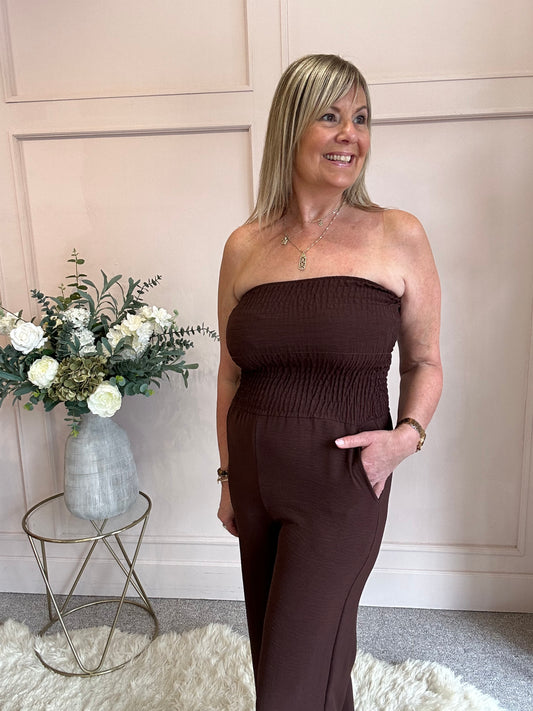 Bardot Elastic Top Wide Leg Jumpsuit Brown -One Side