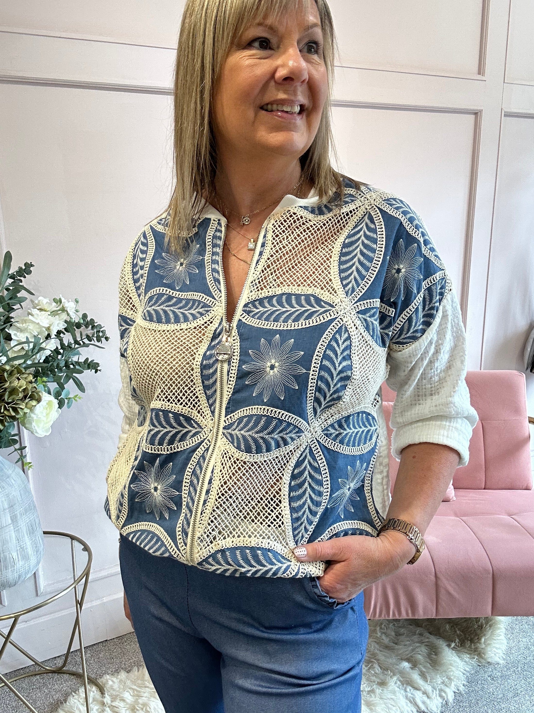 Textured Zipped Top - Cream/Blue - Wardrobe By Simone