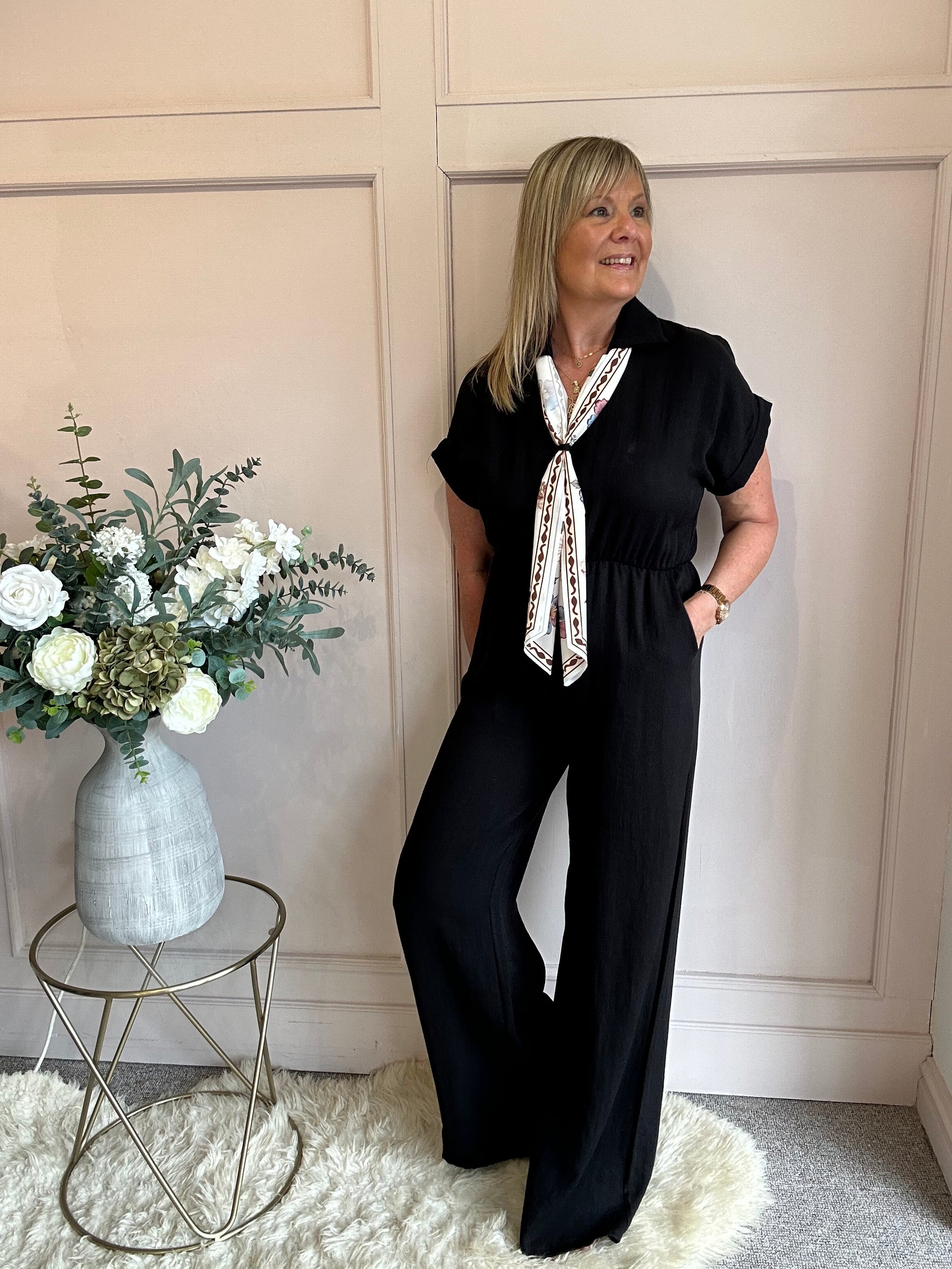 Collared With A Tie  Jumpsuit - Black - Wardrobe By Simone