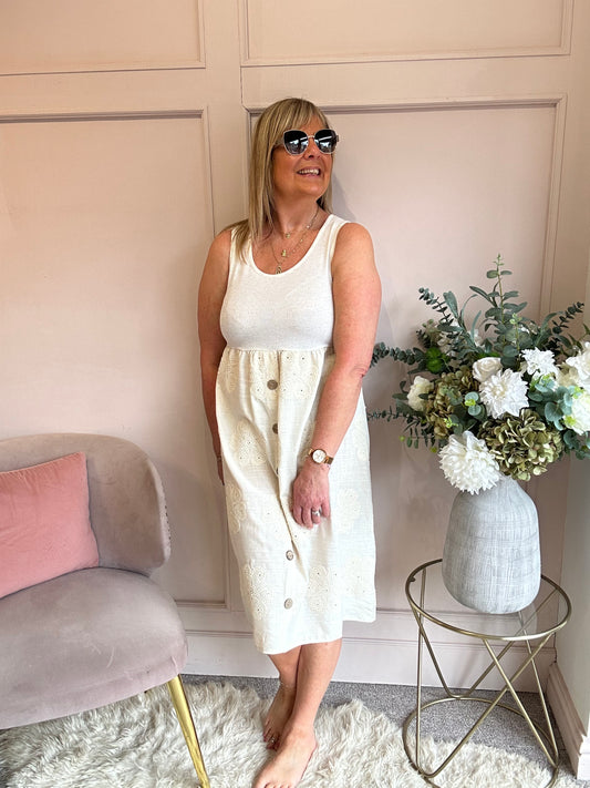 Embroidered Button Detail Midi Dress - Soft Beige - Wardrobe By Simone