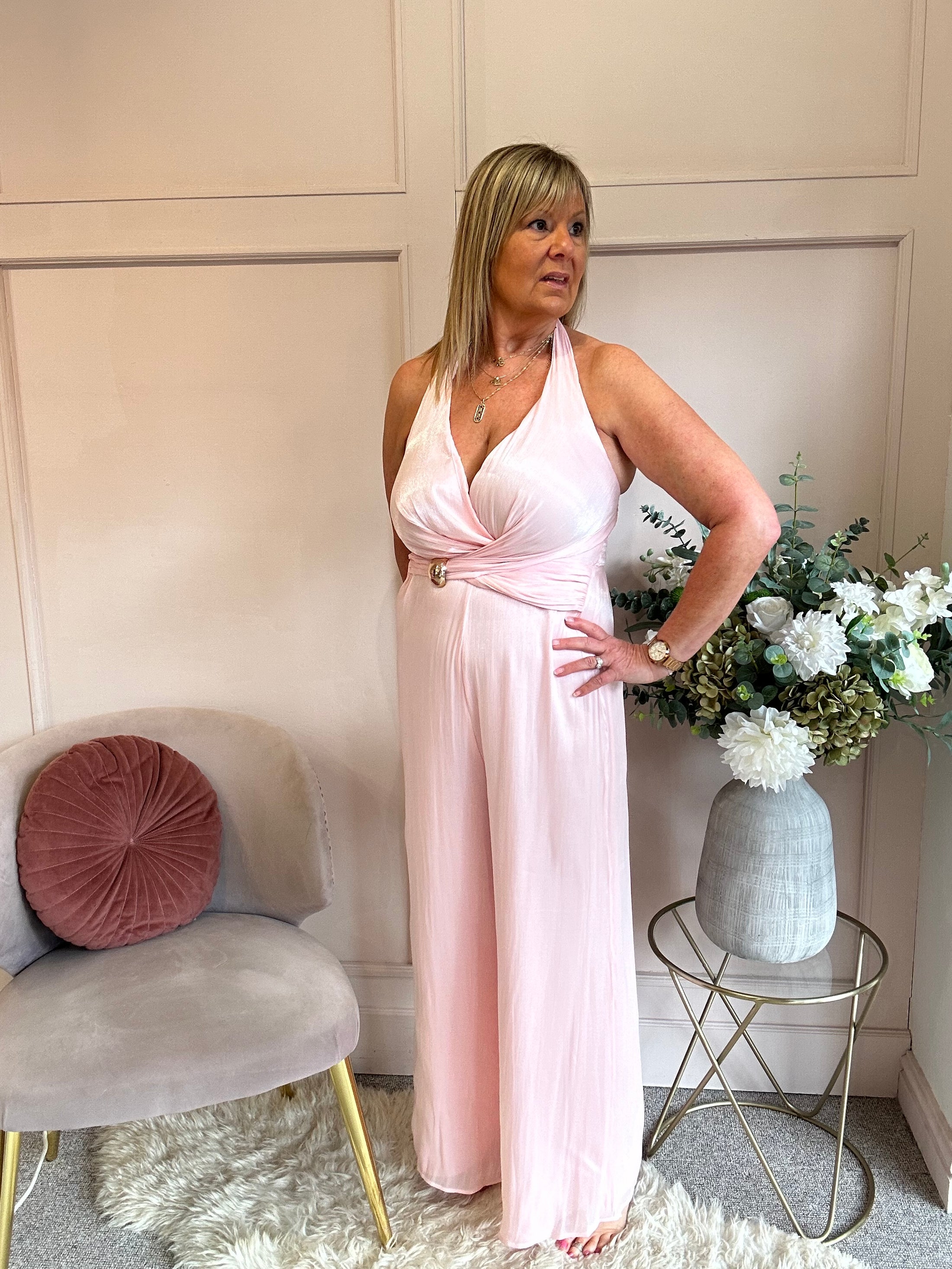 Halter Neck Soft Shimmer Jumpsuit - Soft Pink - Wardrobe By Simone