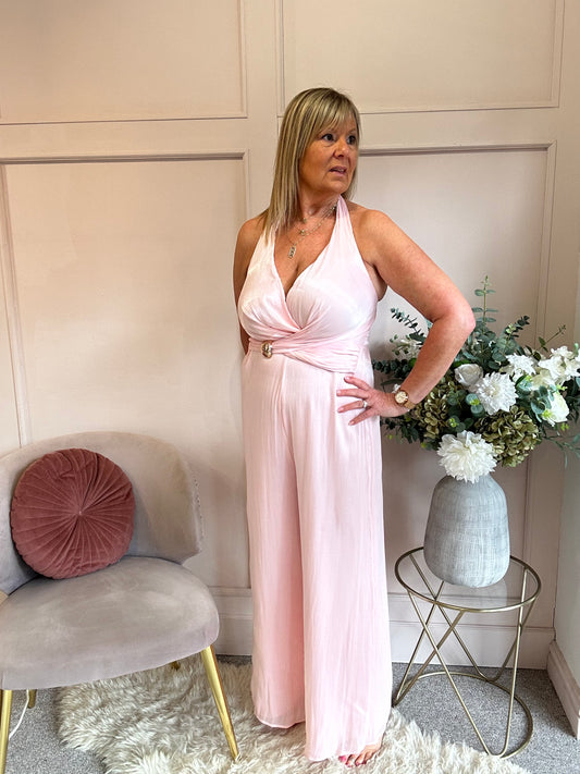 Halter Neck Soft Shimmer Jumpsuit - Soft Pink - Wardrobe By Simone