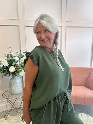 Frill Cap Sleeve Top - Khaki