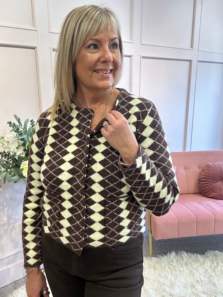 Diamond Checked Cardi Jacket - Choc/Lime