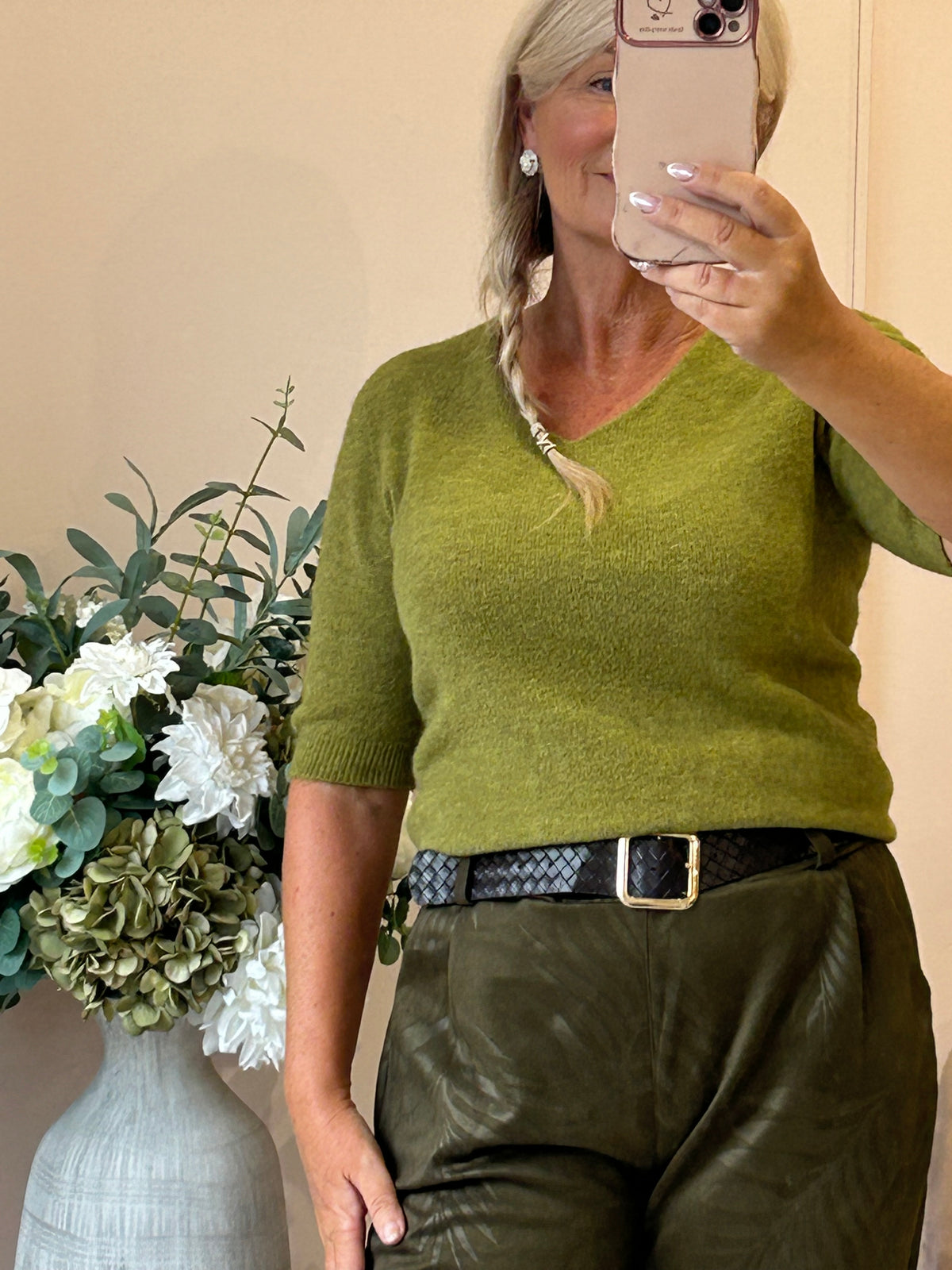 V Neck Short Sleeve Jumper - Olive