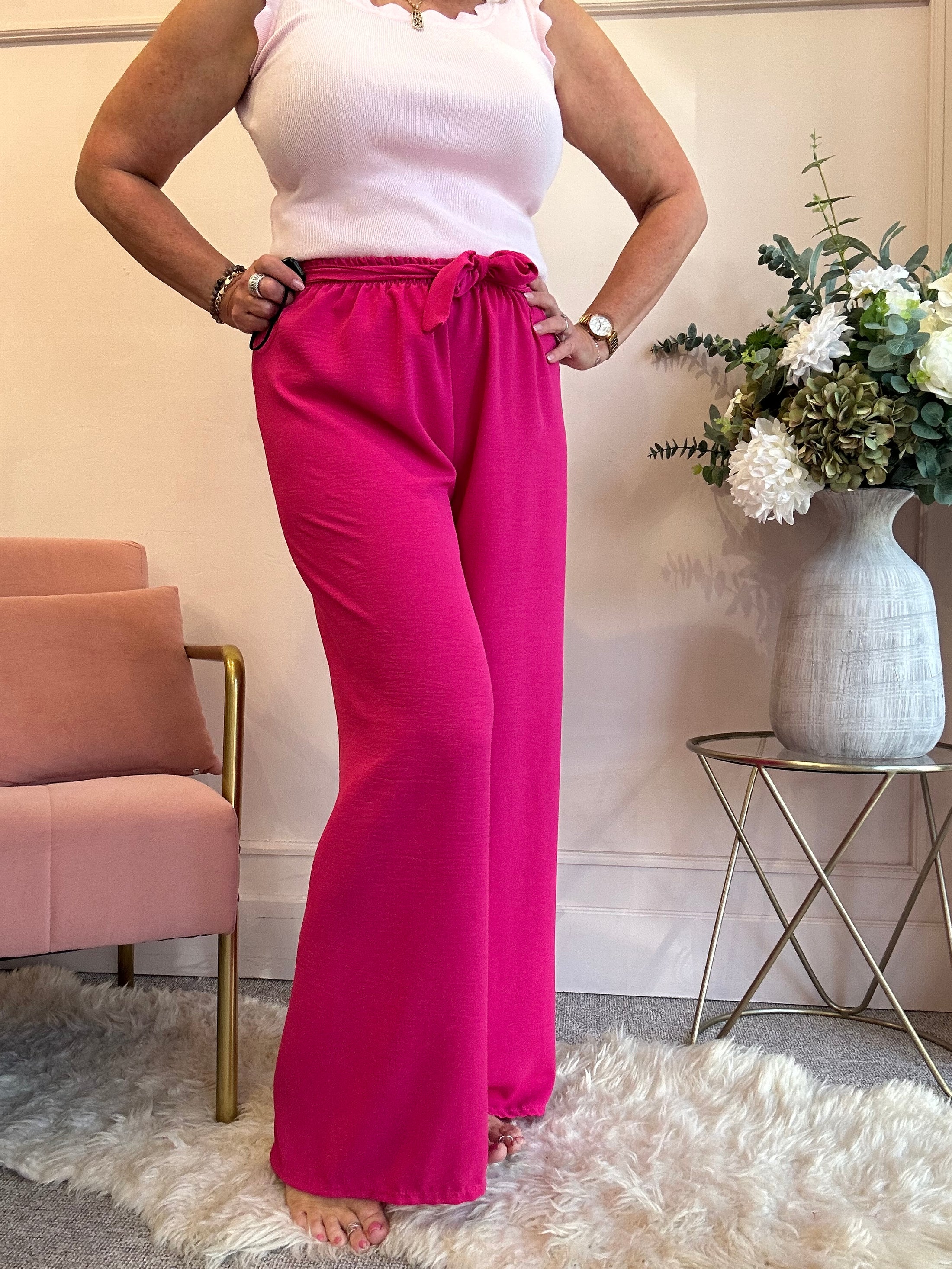 Tie Belt Wide Pant - Cerise Pink - Wardrobe By Simone