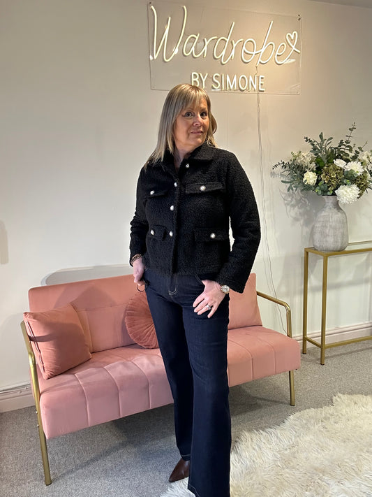 Stylish Teddy Boucle Pearl Jacket - Black