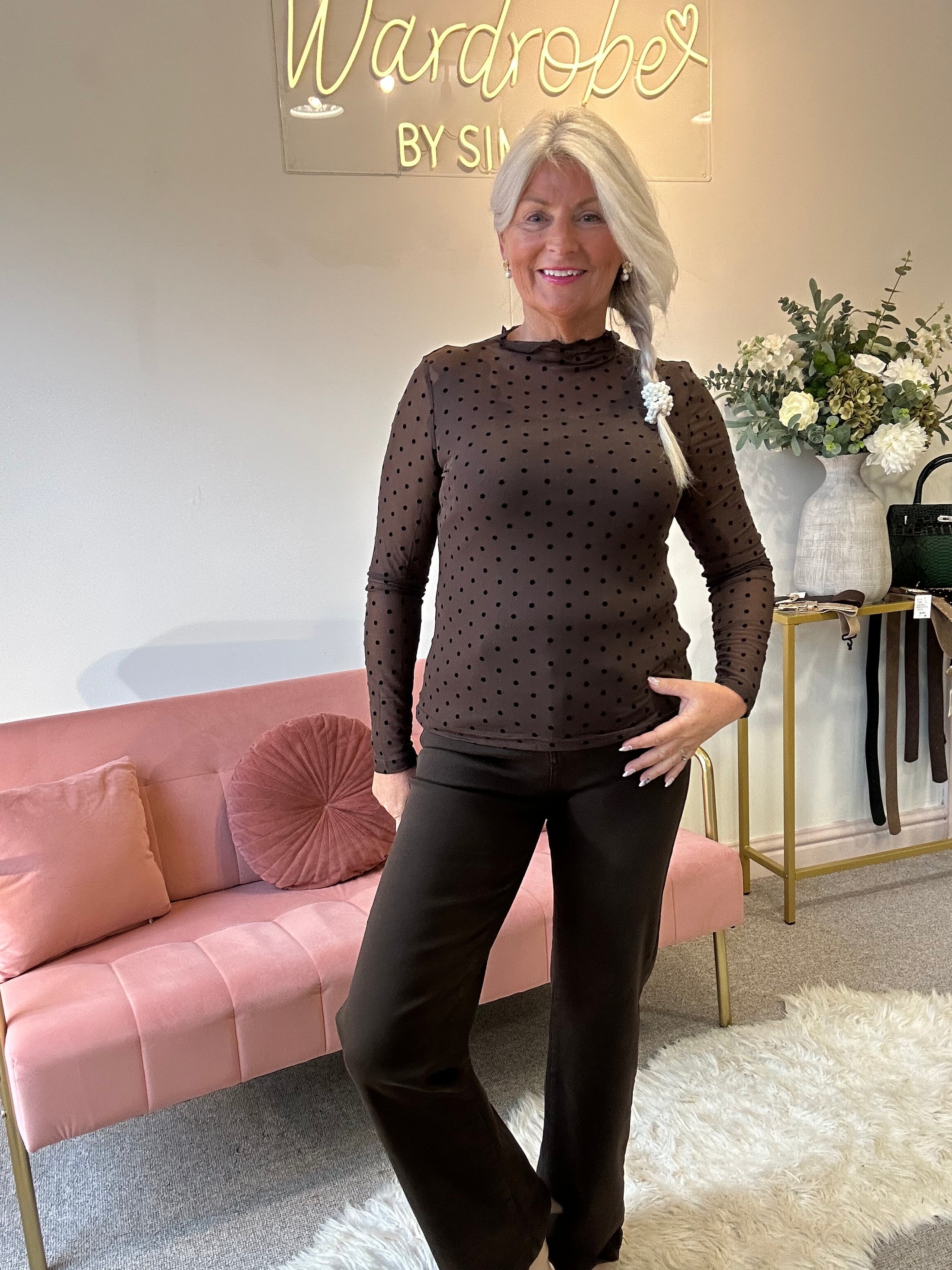 Dotty Mesh Top - Brown/Black