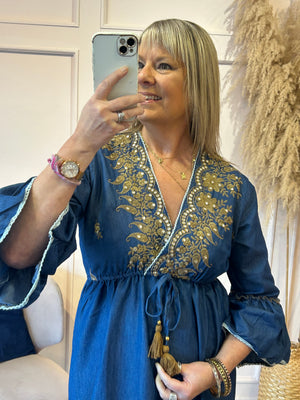 Boho Embroidered Maxi Dress - Dark Blue - Wardrobe By Simone