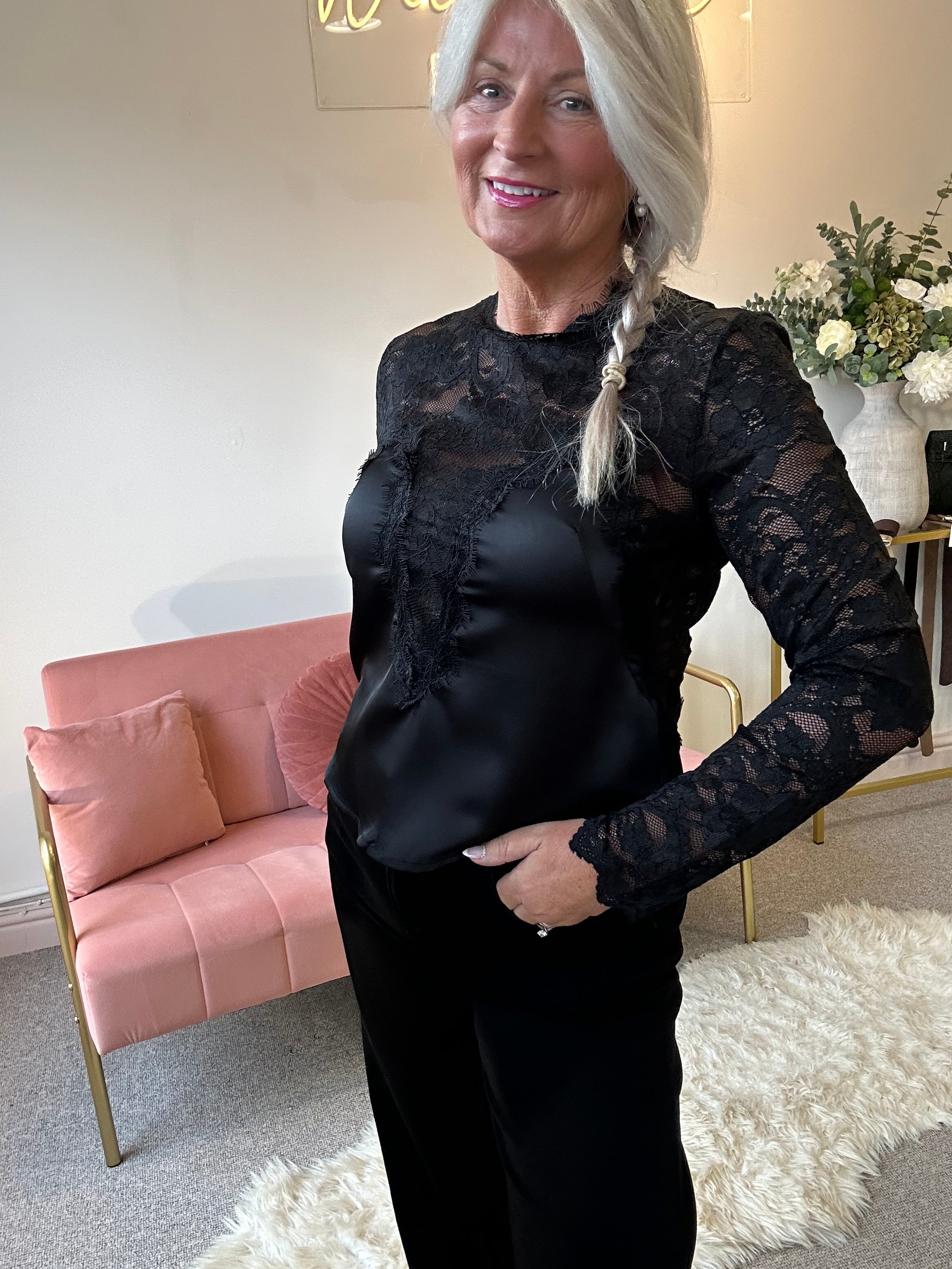 Lace & Satin Top - Black