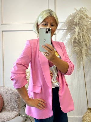 
            
                Load image into Gallery viewer, Ruched Sleeve Blazer - Pink - Wardrobe By Simone
            
        