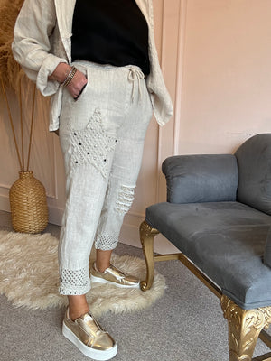 Star Linen Jogger Style Pants - Beige