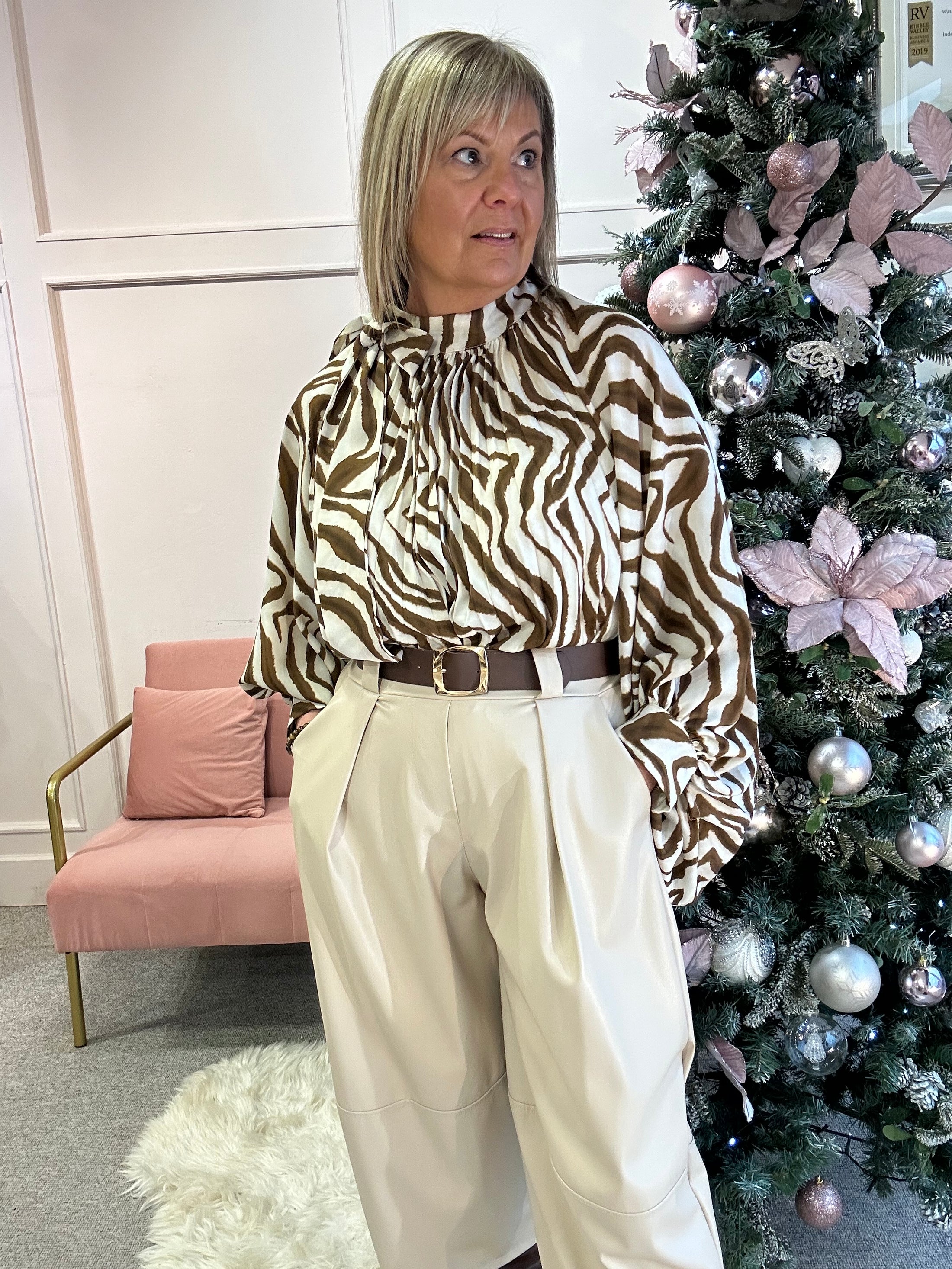 Zebra Bow Tie Blouse - Brown/Cream