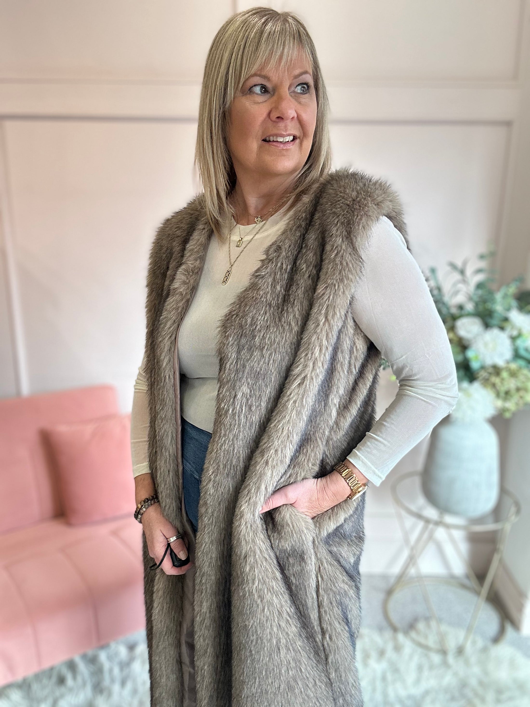 Fabulous Faux Fur Long Gilet - Beige