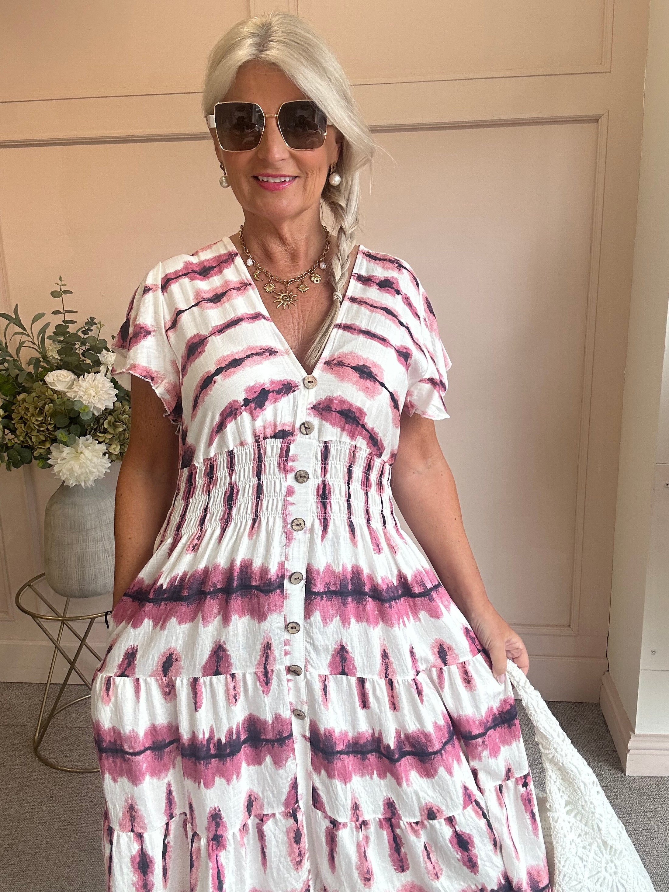Button Detail Midi dress - Dusky Pink/Cream - Wardrobe By Simone
