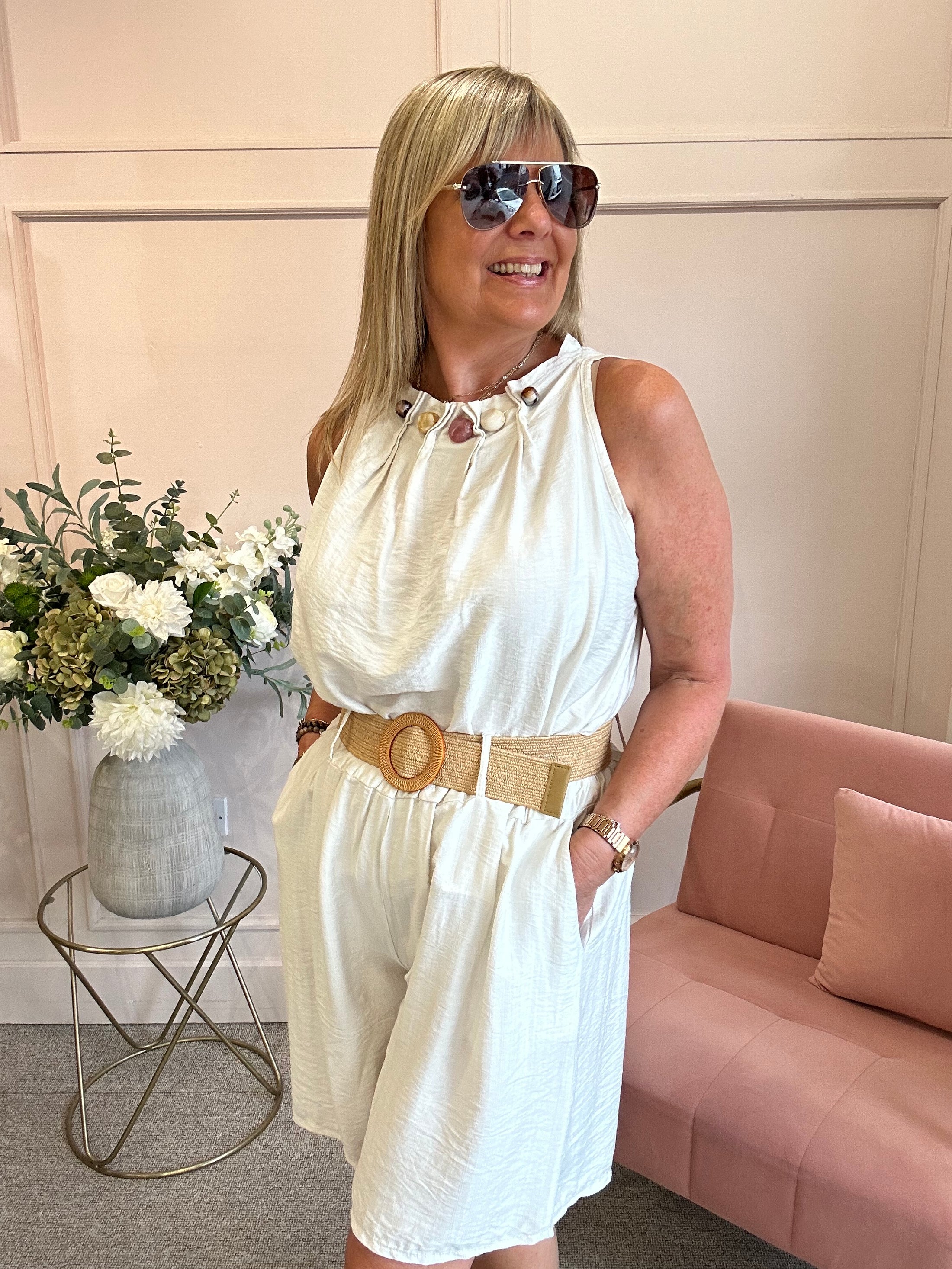 Ruched Neckline Sleeveless Top - Cream