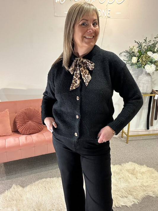 Leopard Tie & Buttoned Cardigan -  Black