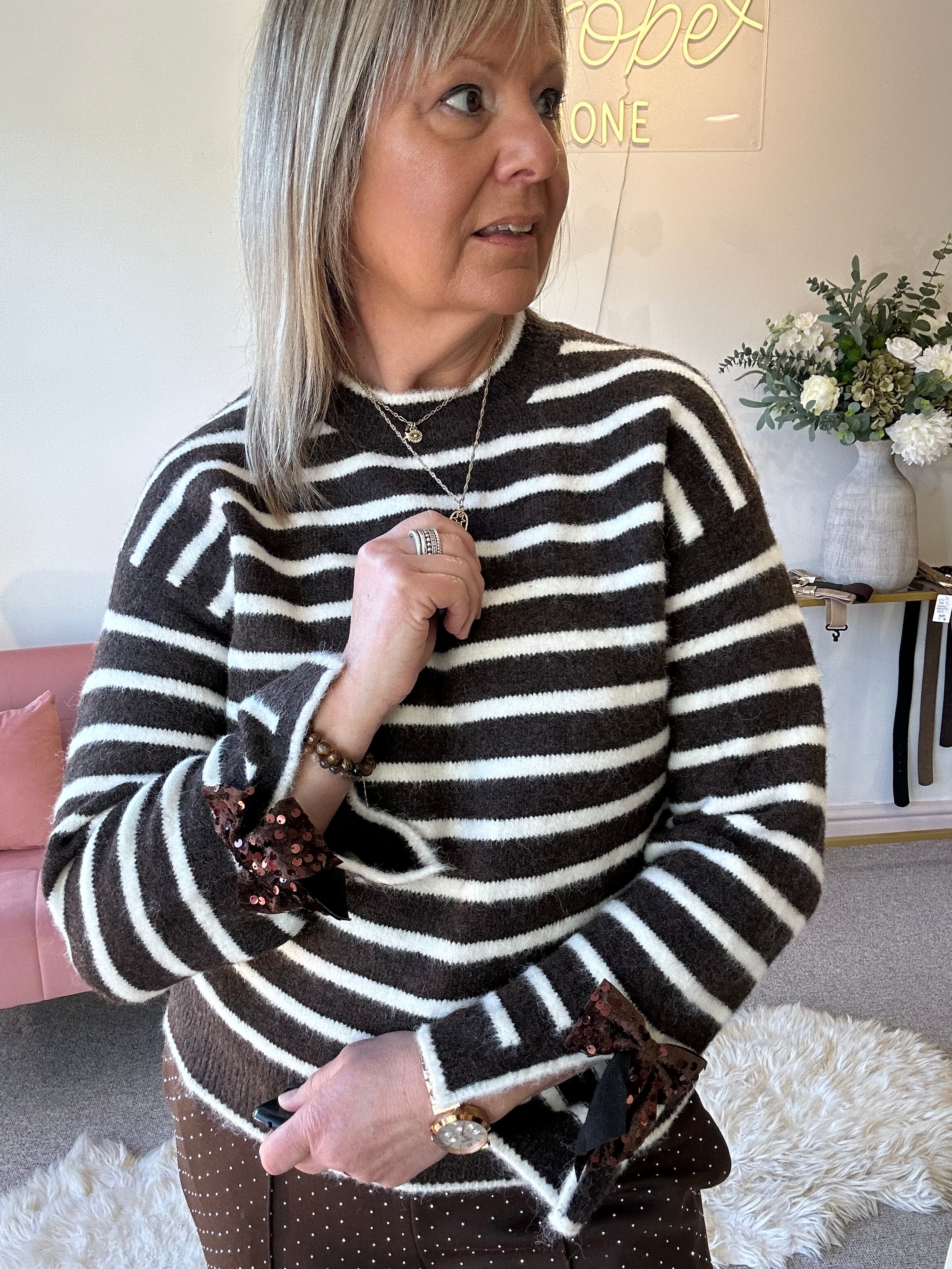 Sequin Bow Detail Stripe jumper -  Brown/Cream