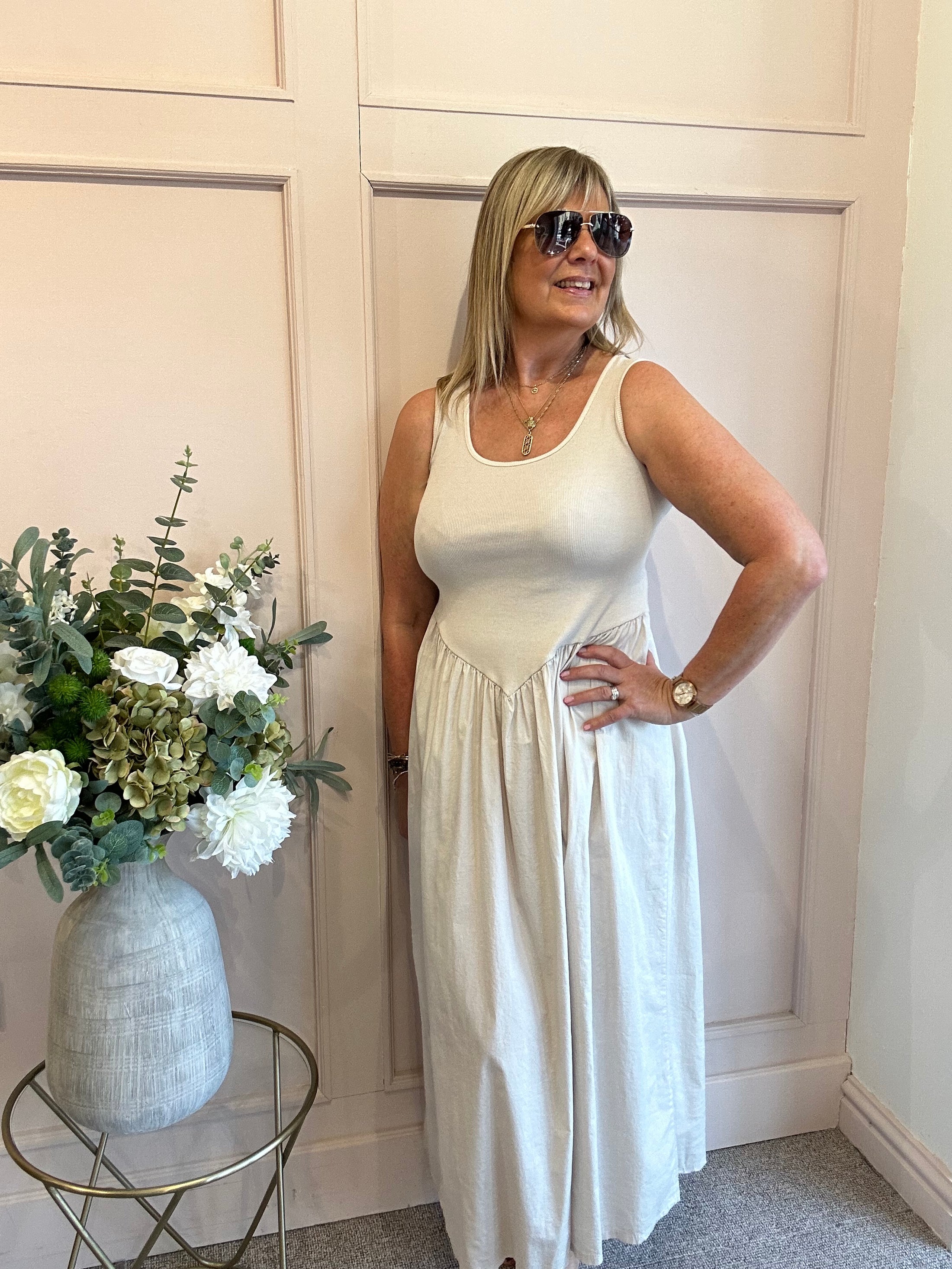 Rib Vest Top & Skirt Dress - Beige