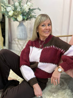 Bold Colour Block Pattern Jumper - Burgundy/pink/Brown