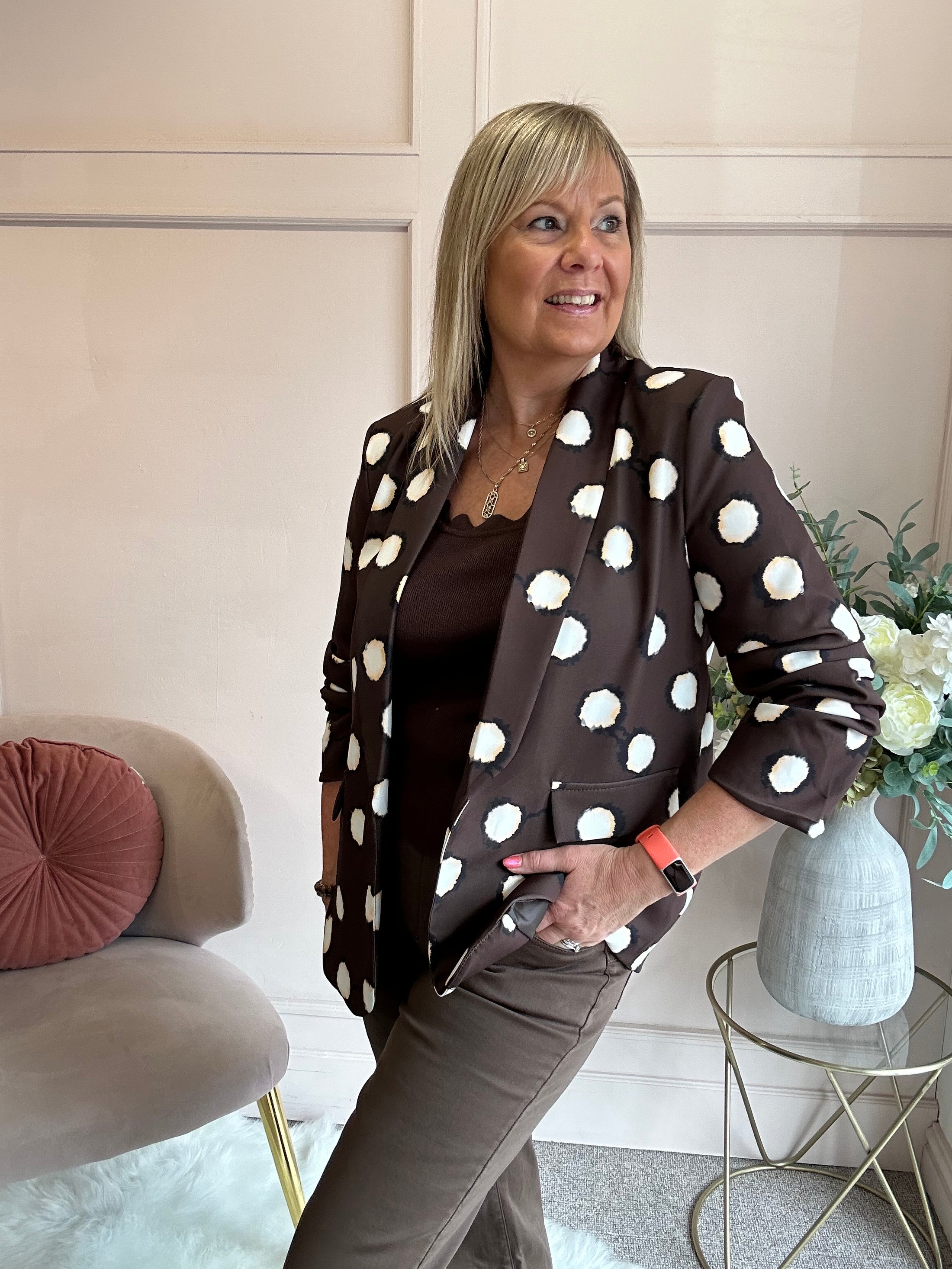 Spot & Ruched Sleeve Blazer - Brown/Cream