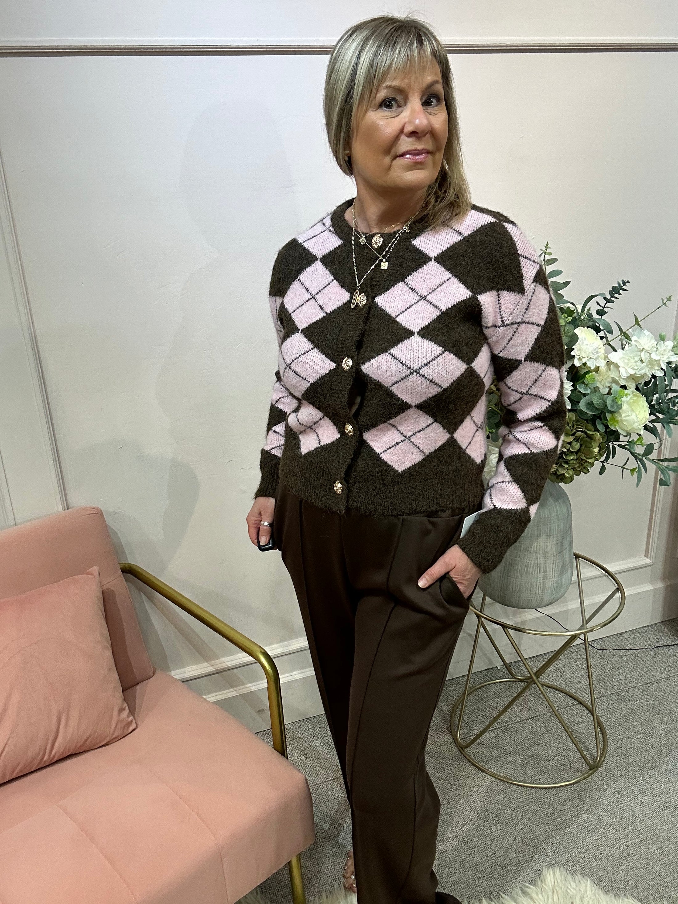 Diamond Pattern Cardigan - Pink/Brown