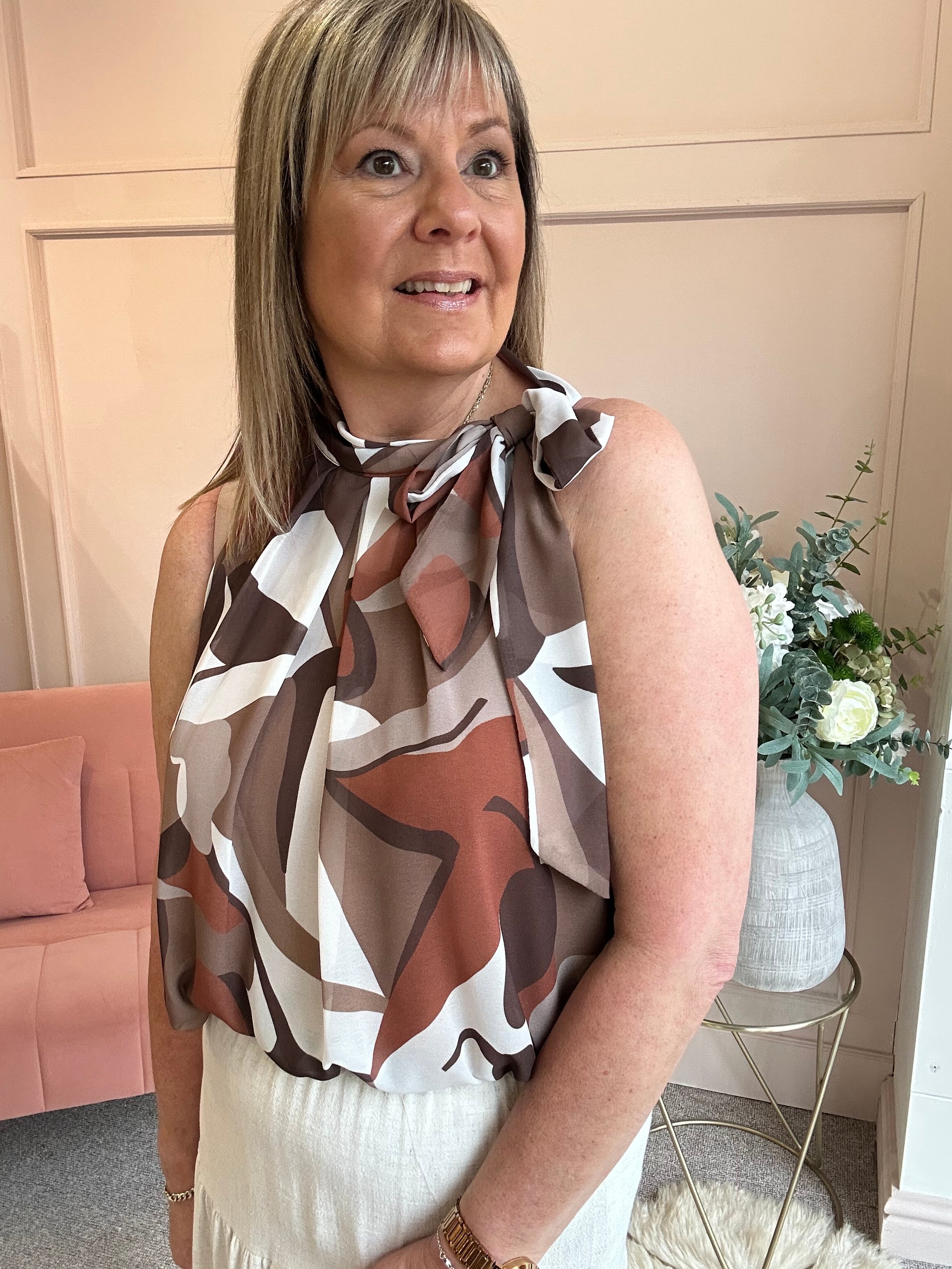 Leaf Print Bow Tie Sleeveless Top - Brown/White - Wardrobe By Simone
