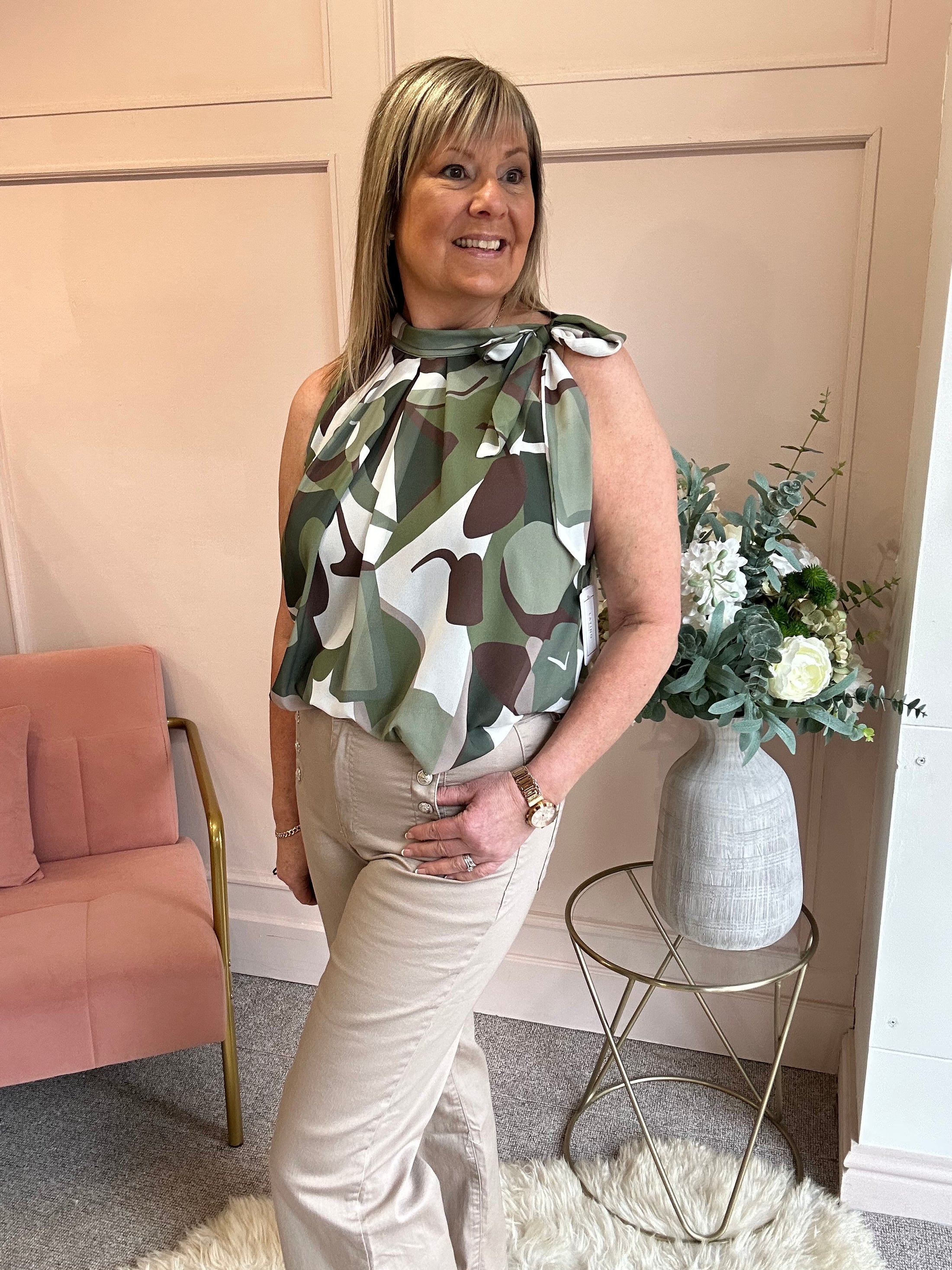Leaf Print Bow Tie Sleeveless Top - Green/White - Wardrobe By Simone